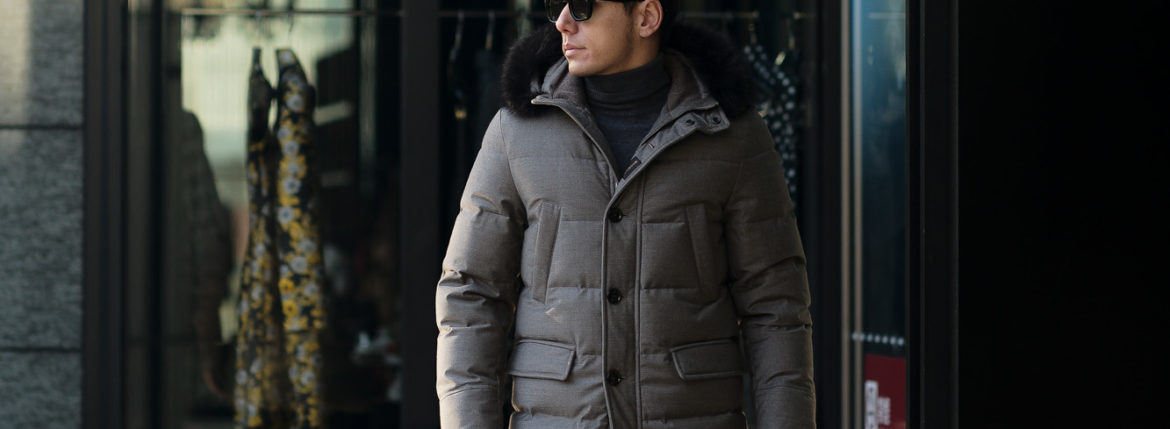 MOORER (ムーレー) BARBIERI-LL1 (バルビエリ) LoroPiana (ロロピアーナ) ウールカシミア ホワイトグースダウン フーデッド ダウンコート BEIGE (ベージュ) Made in italy (イタリア製) 2019 秋冬新作のイメージ